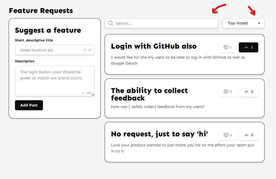 Public Board View showing search and filter options